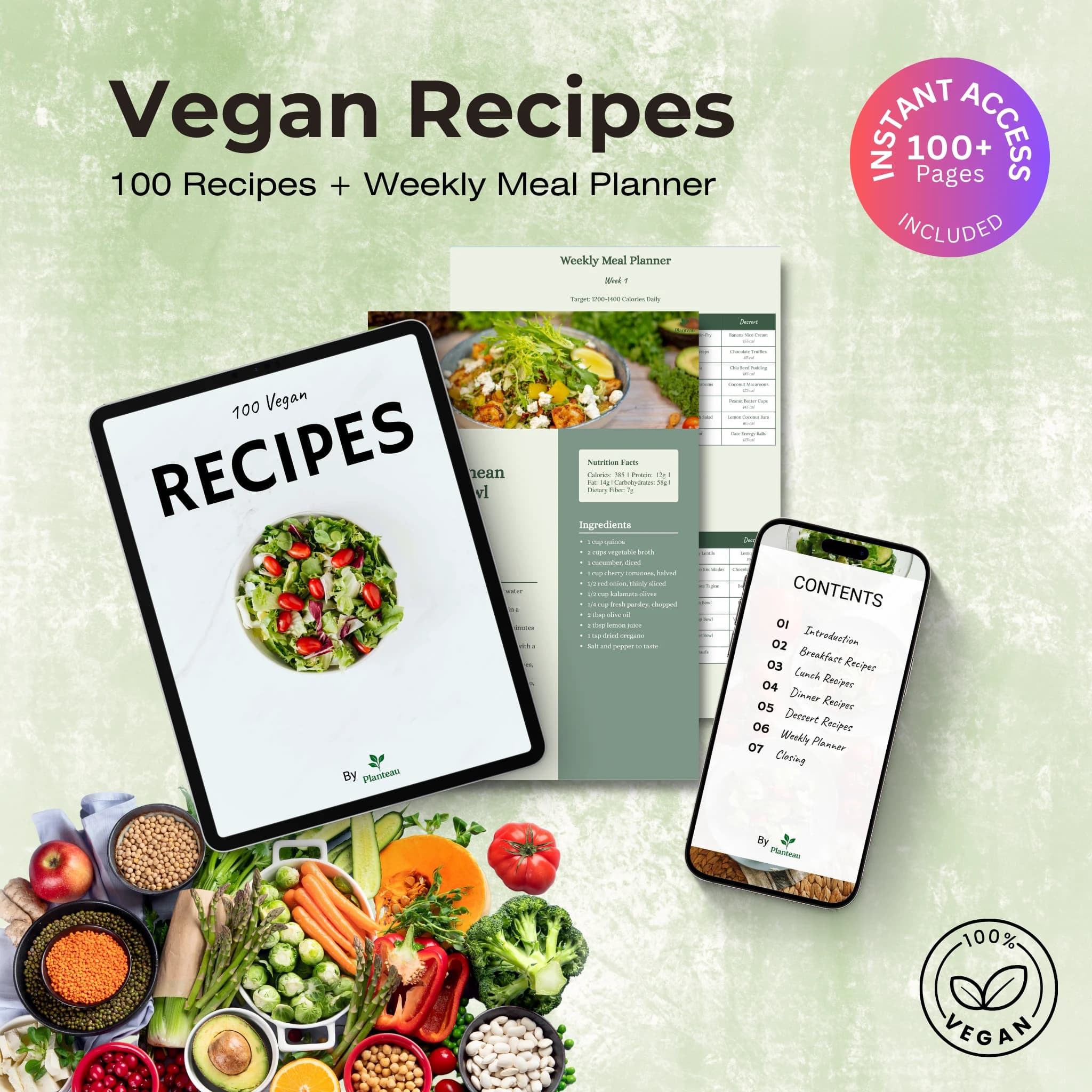 100 Vegan Recipes eBook Mockup by Planteau